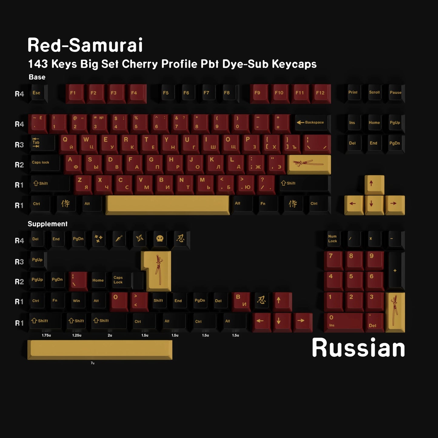 Red Samurai PBT Cherry Keycaps Russian Korean BRPT GMK Clone Dye Sub Keycap For Mx Switch Mechanical Keyboard Classic Keycap