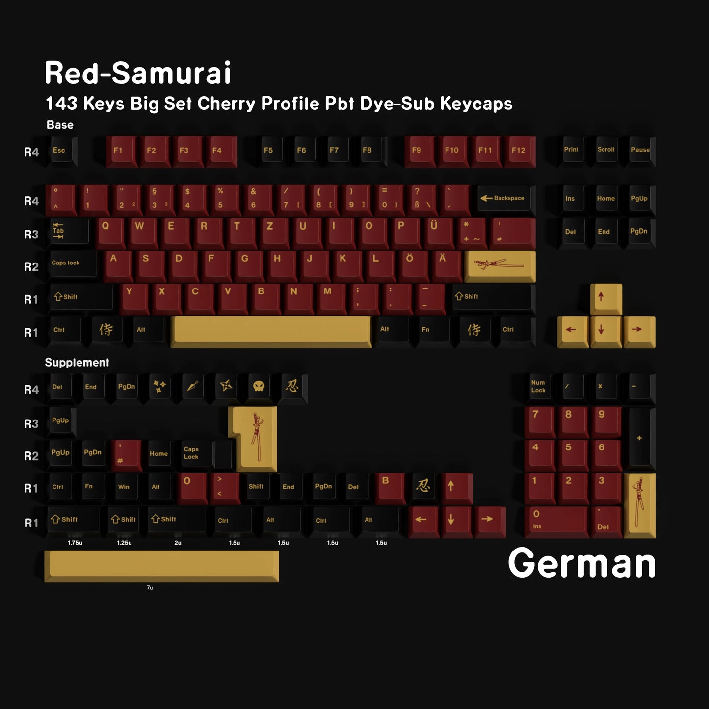 Red Samurai PBT Cherry Keycaps Russian Korean BRPT GMK Clone Dye Sub Keycap For Mx Switch Mechanical Keyboard Classic Keycap