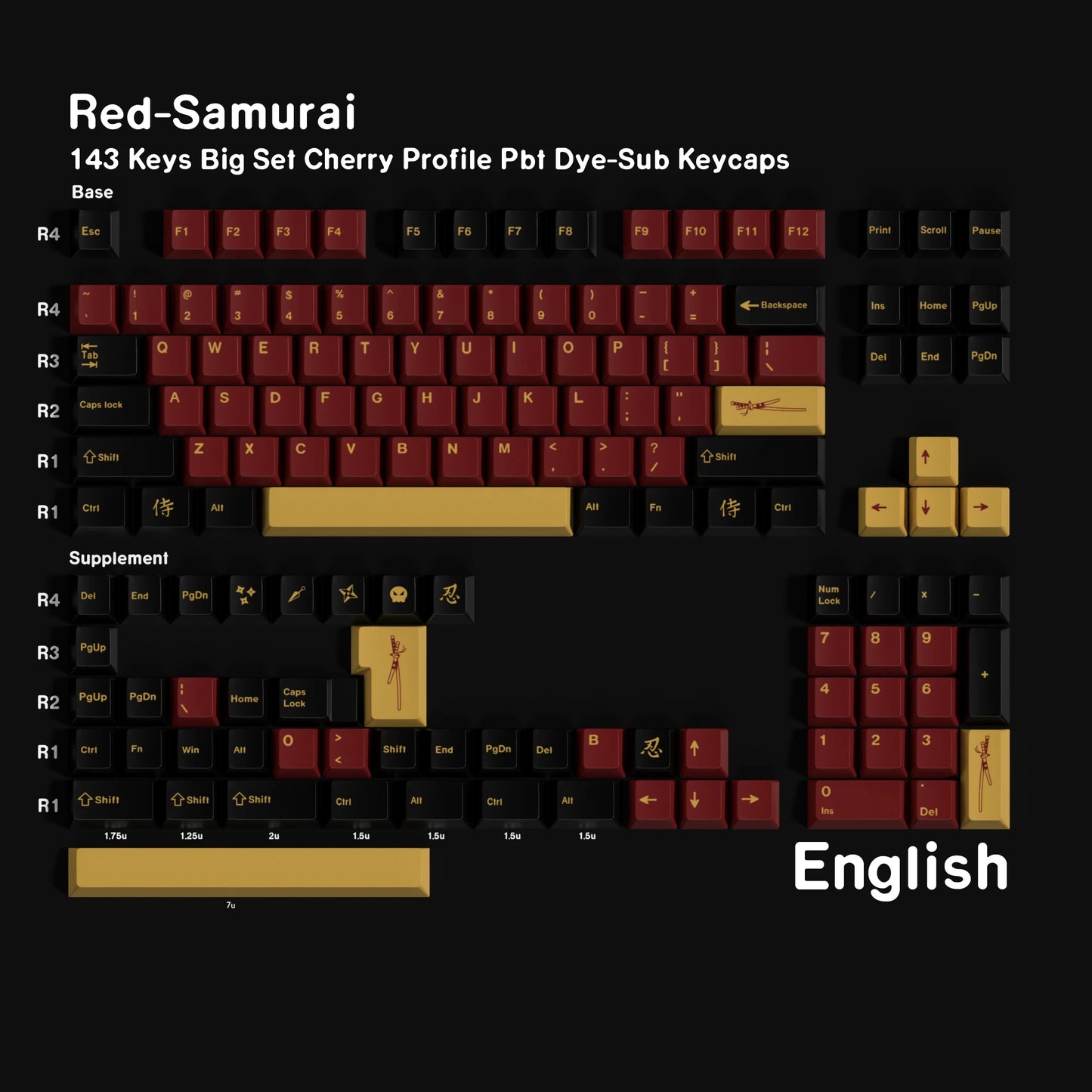 Red Samurai PBT Cherry Keycaps Russian Korean BRPT GMK Clone Dye Sub Keycap For Mx Switch Mechanical Keyboard Classic Keycap